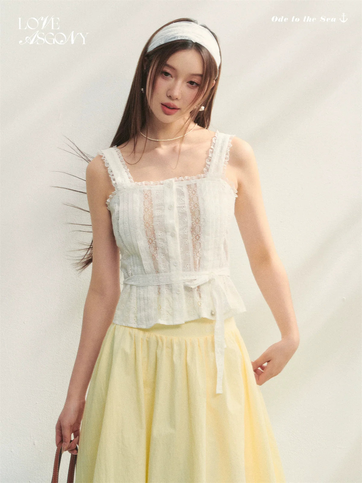Hollow-out Lace-spliced Tie-up Vest