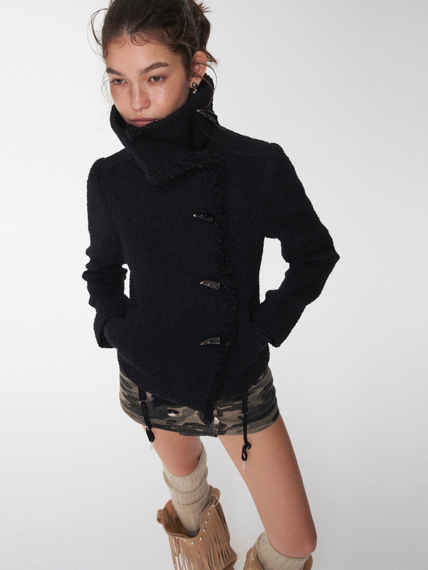 Wool Blend Short Jacket with Horn Buttons