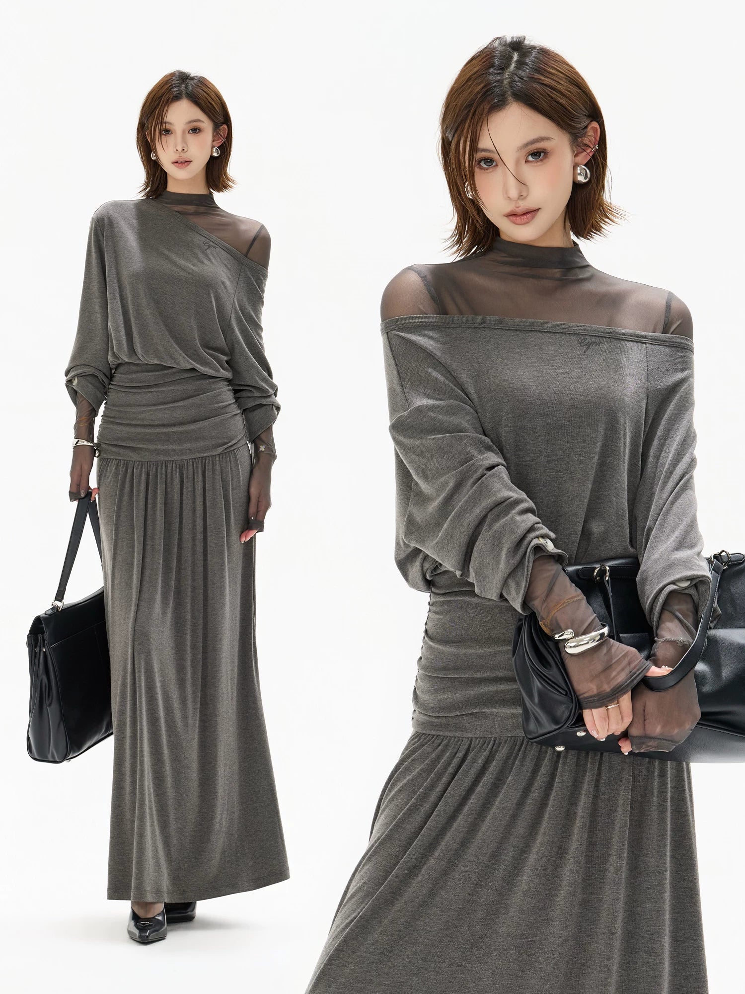 Gray Off Shoulder Knit Layered Dress