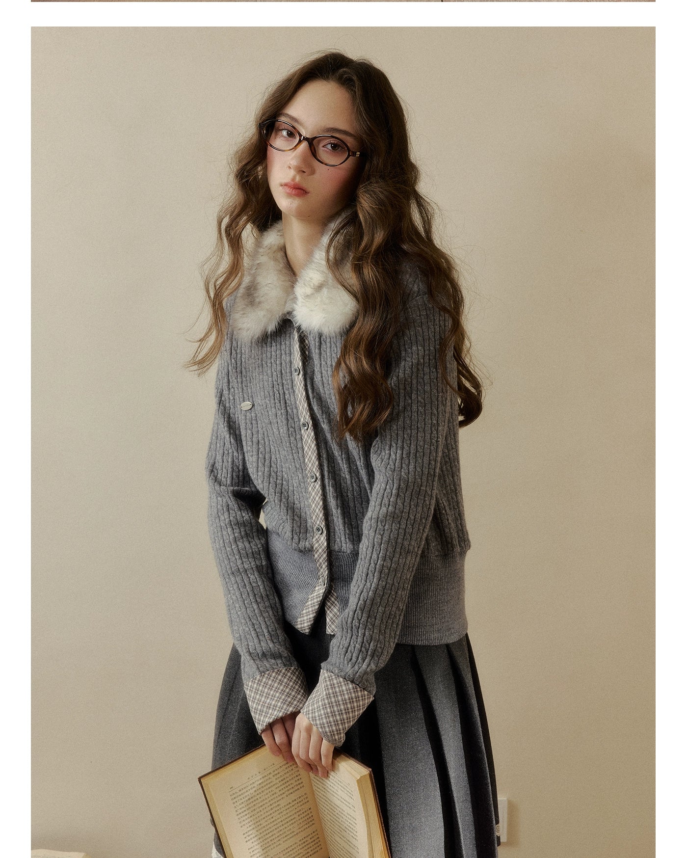 Fur-Collar Plaid Knit Cardigan