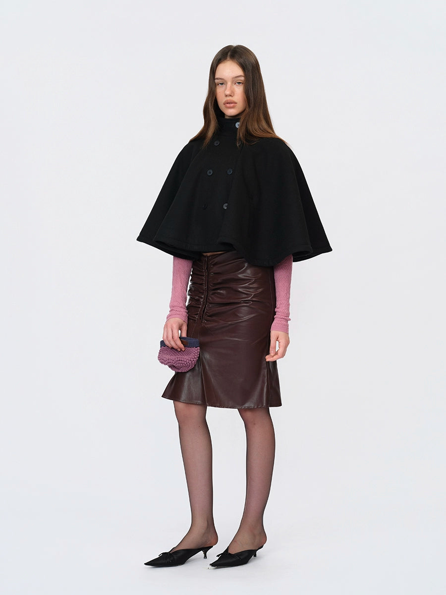 Black Wool Short Double-breasted Cape