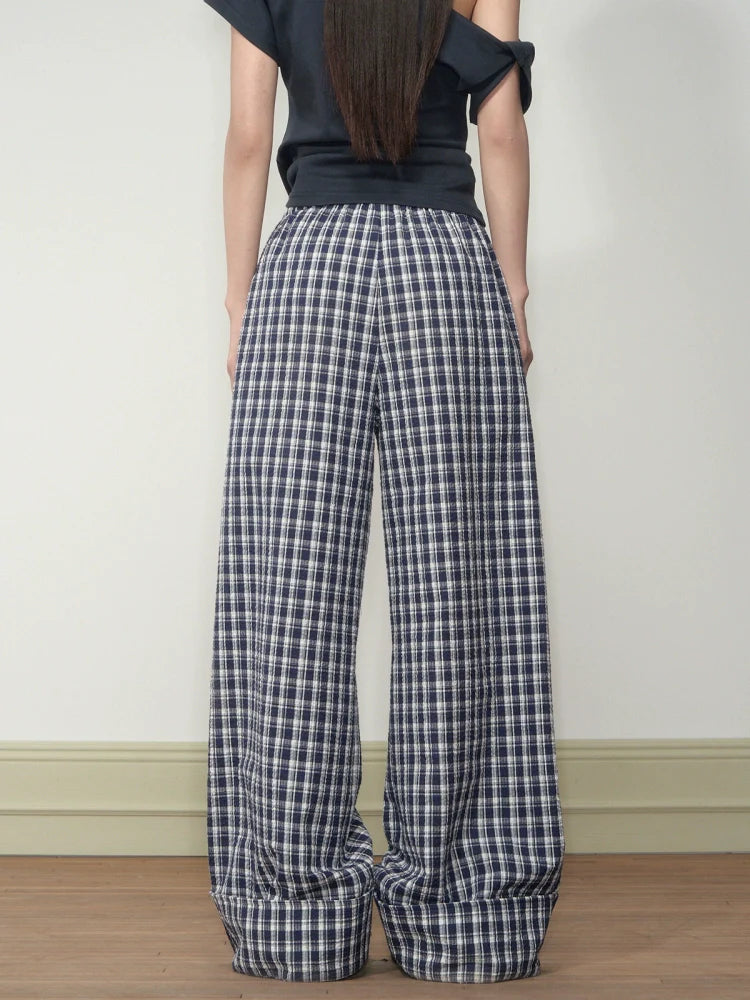 Flapped Loose Navy Checkered Pants
