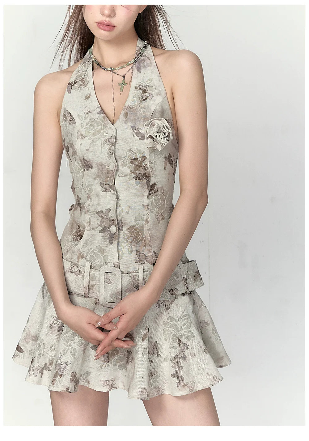 Apricot & Light Green Printed Halter Dress