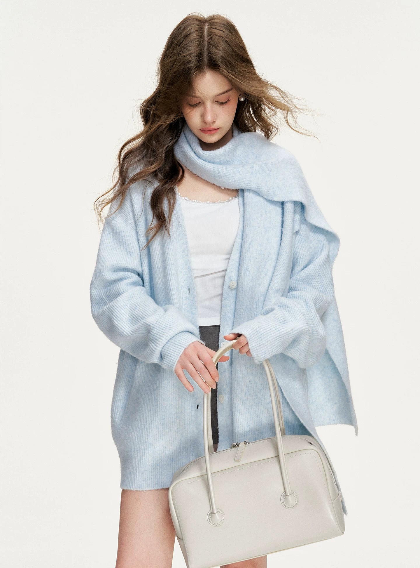 Mock-Layer Scarf Collar Chunky Cardigan