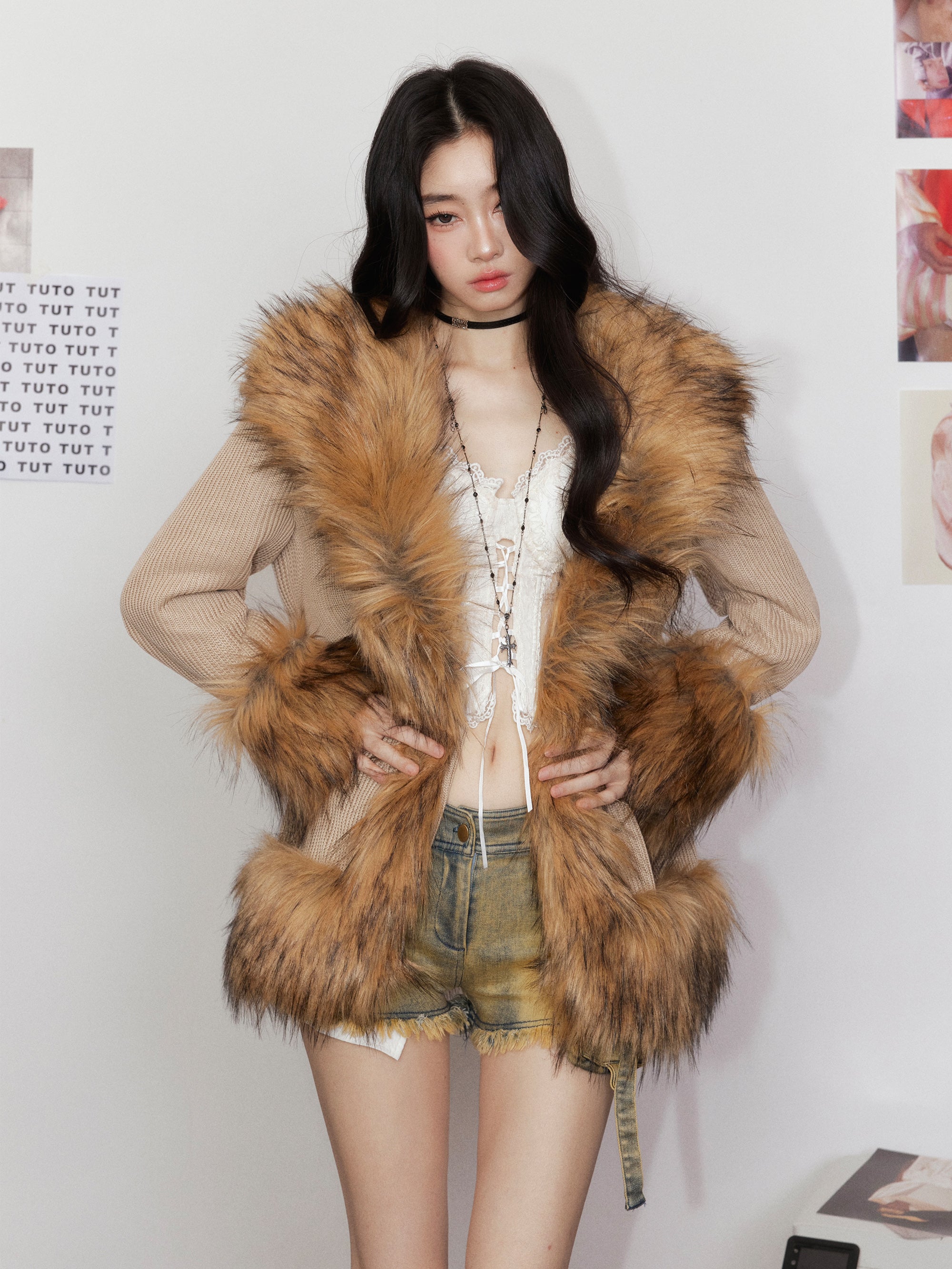 Knitted Fur Thickened Waist-Cinching Coat