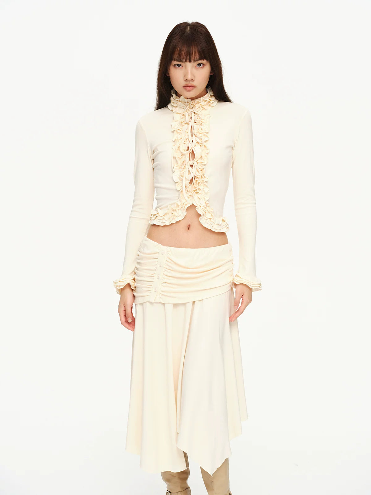 Ruched Ruffle Cardigan & Skirt Set