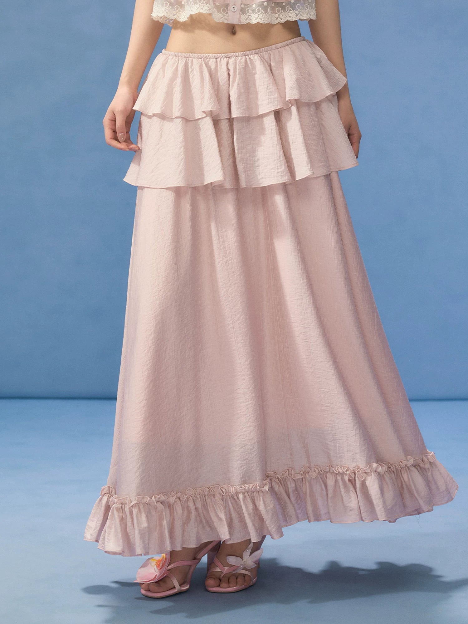 Pink Tiered Ruffle Maxi Skirt