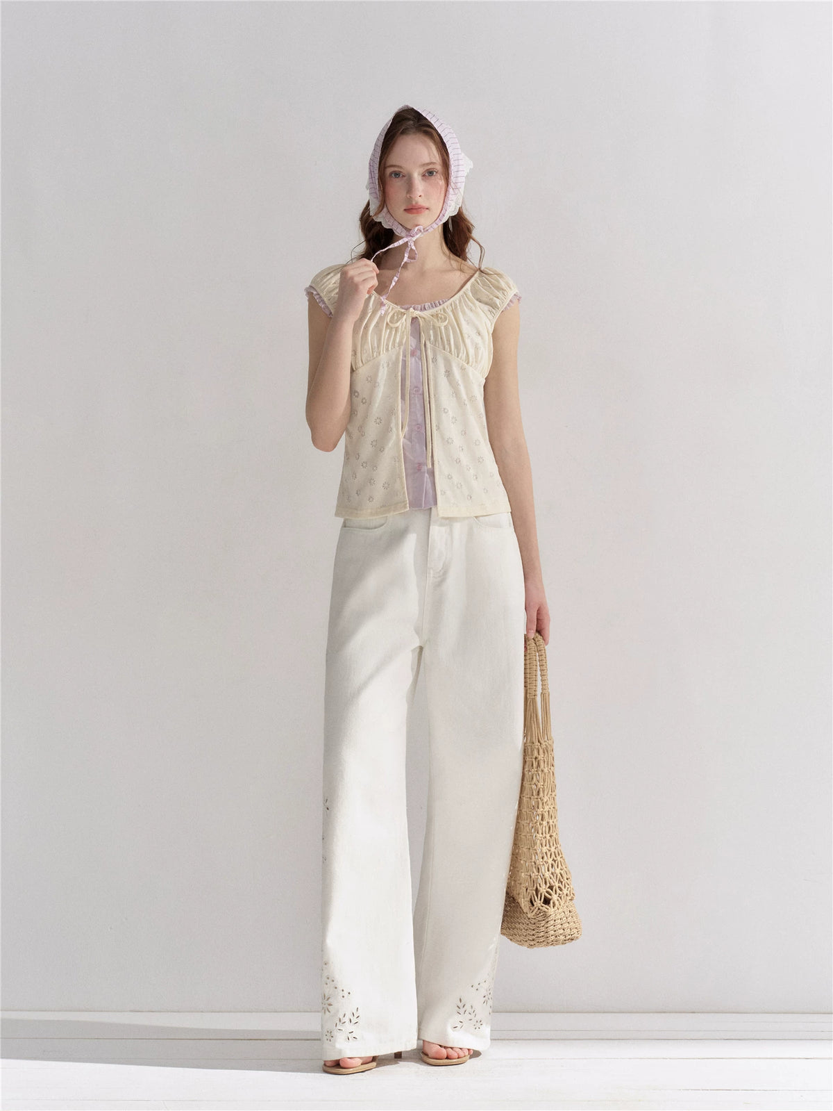 Contrast Panel Floral Eyelet Blouse