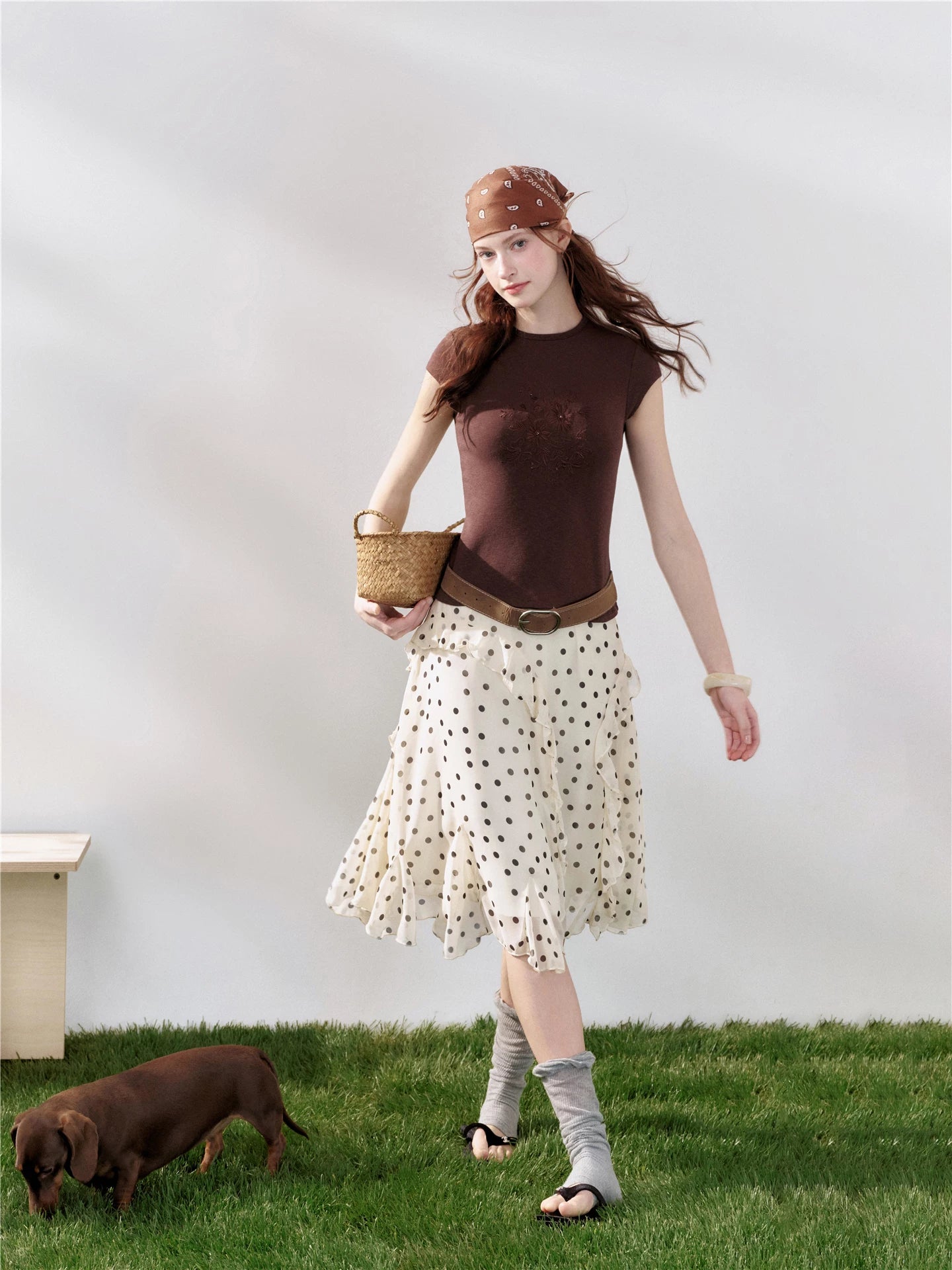 Polka Dot Ruffle Midi Skirt