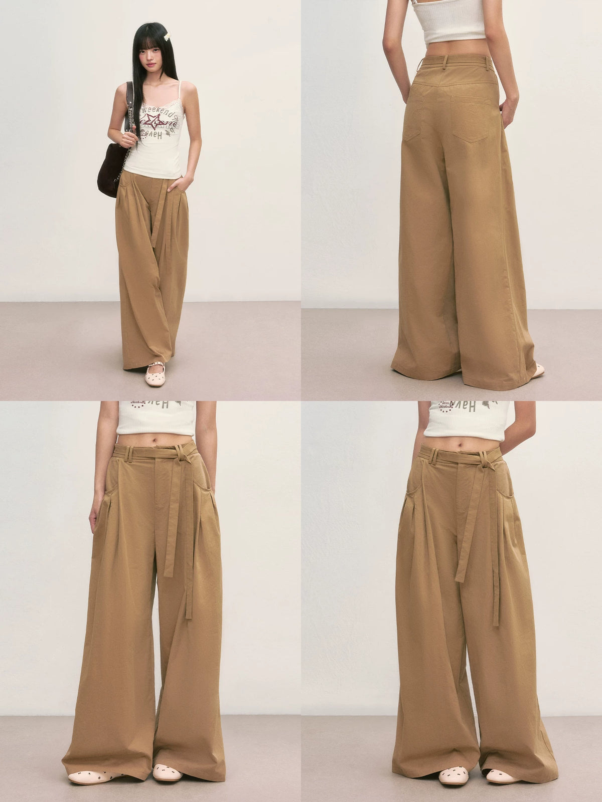 Khaki Tie-Waist Wide-Leg Pants