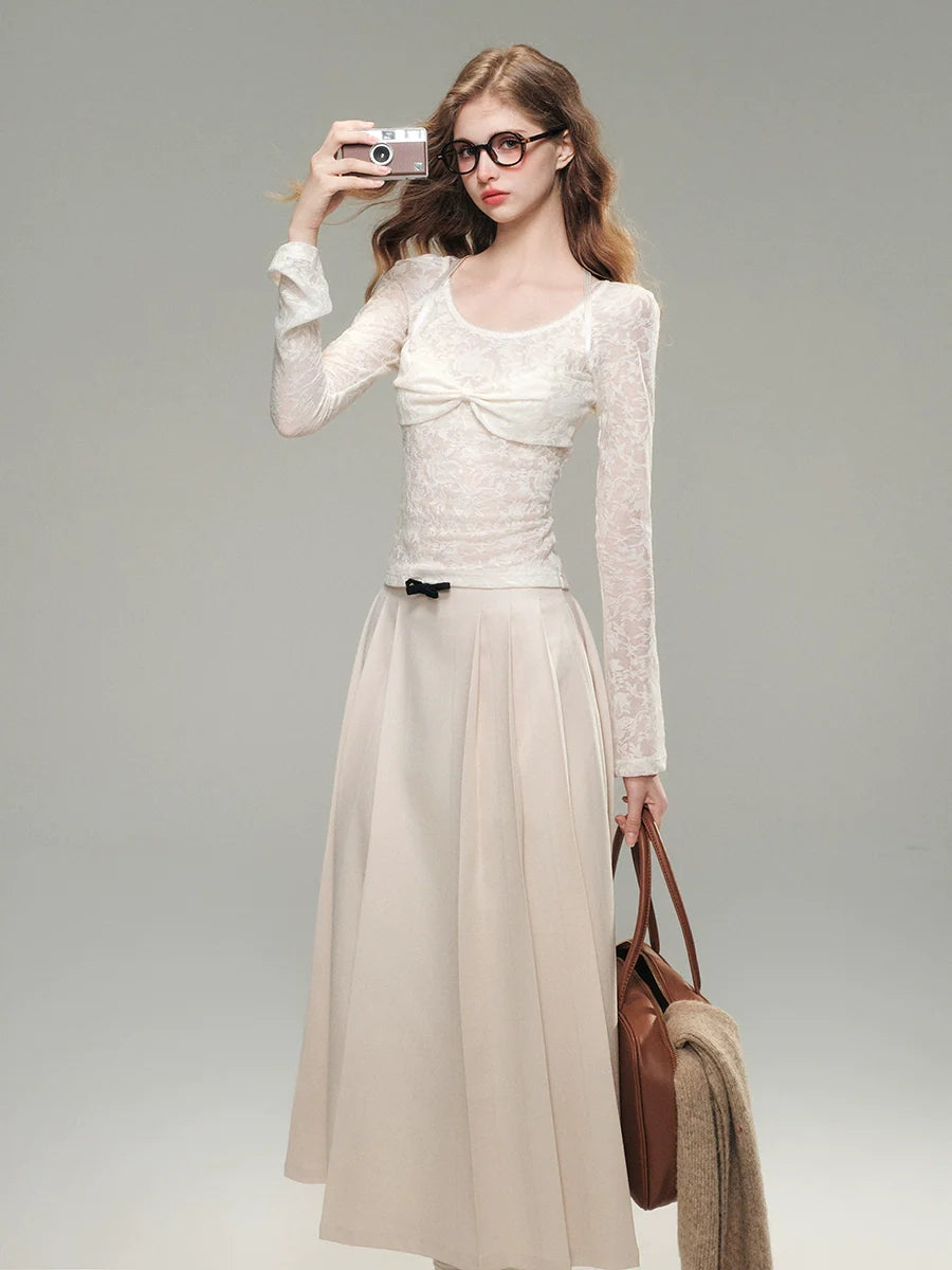 White Lace Knit Top & Pleated Skirt Set