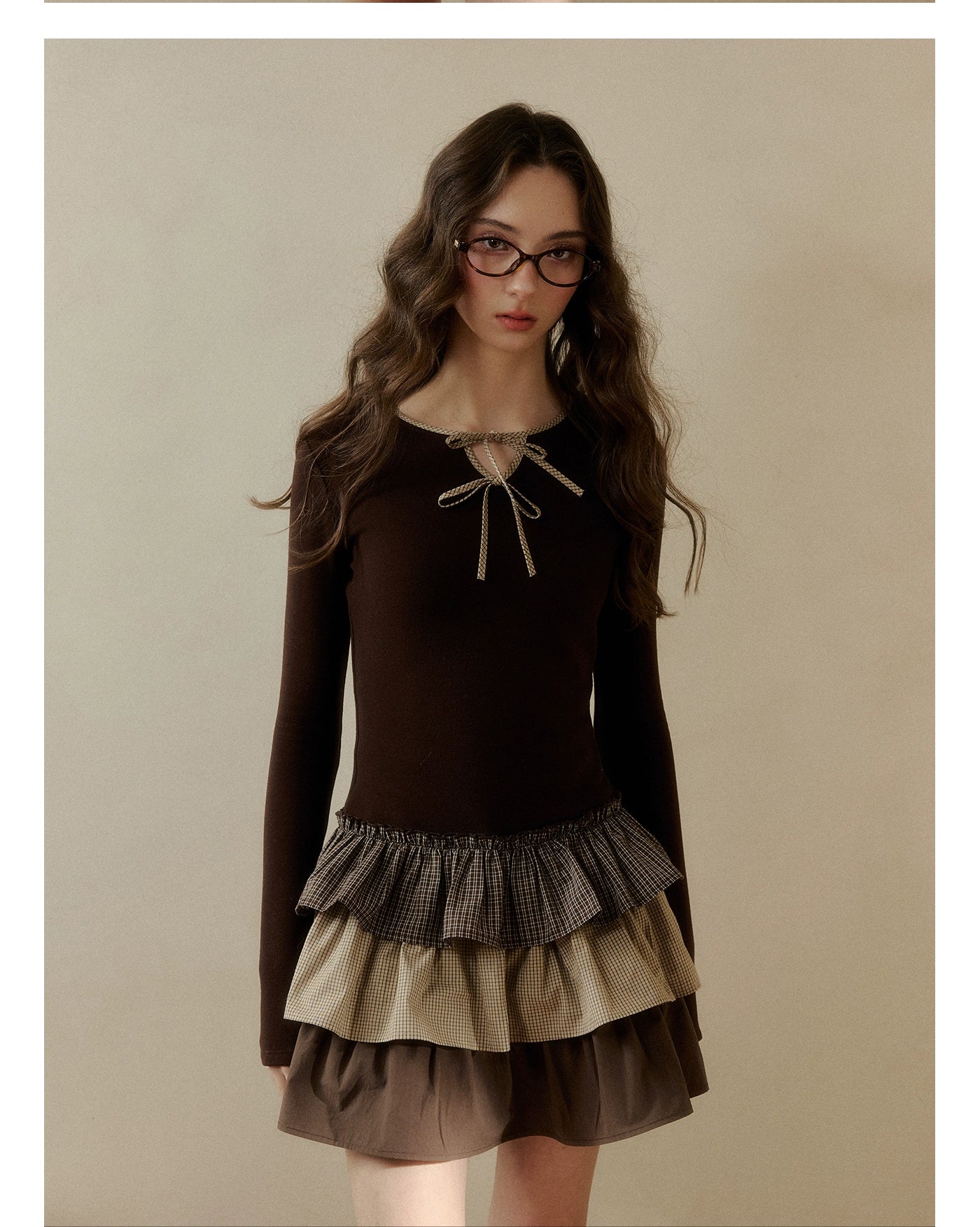 Brown & White Knit Plaid Tiered Dress