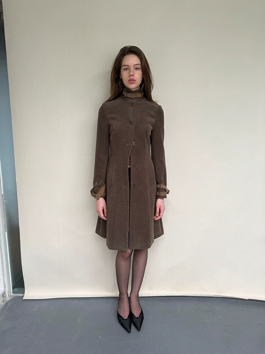 Detachable-Collar Wool-Blend Long Coat
