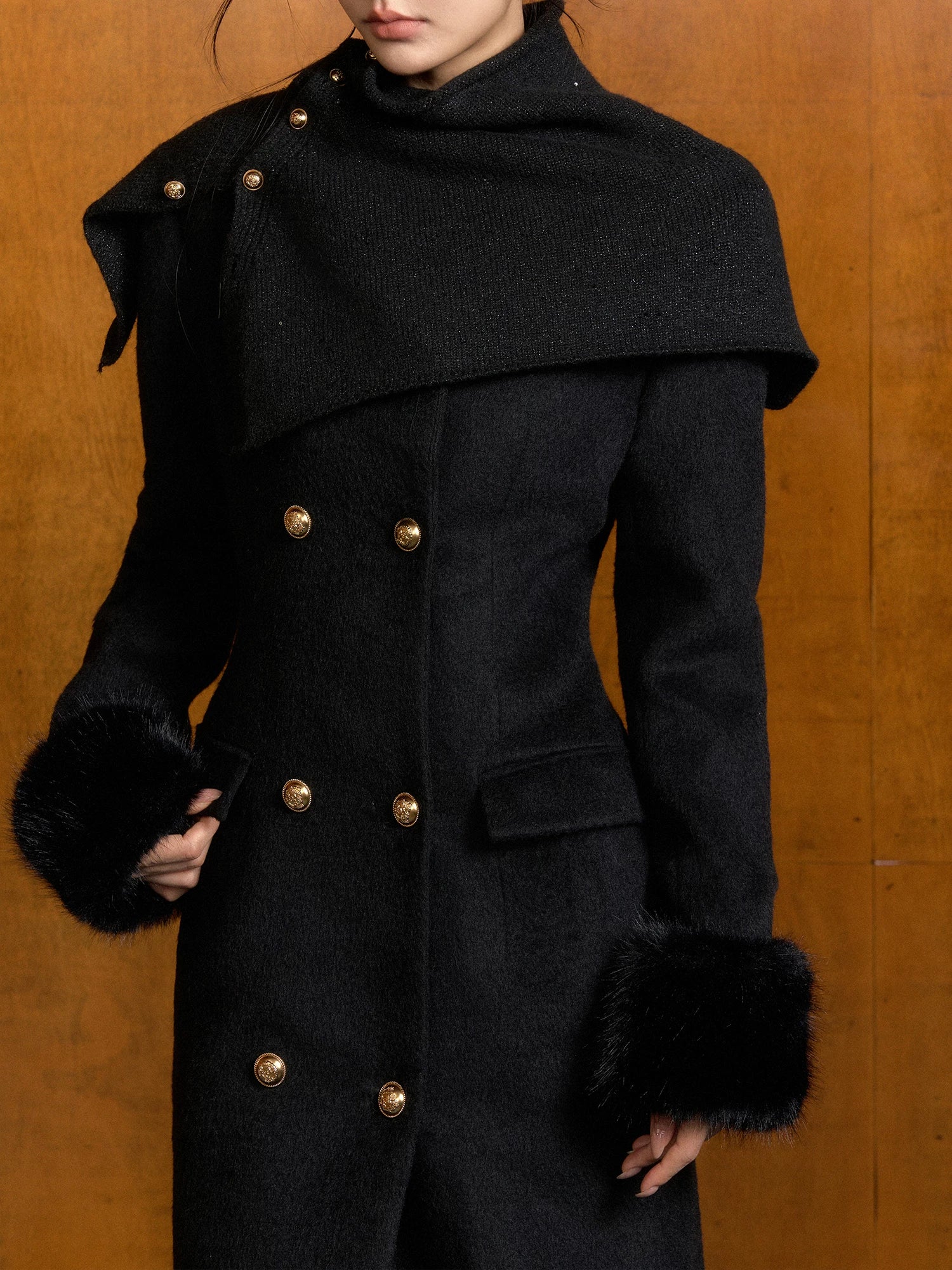 Fur-Collar Wool Coat & Scarf Set