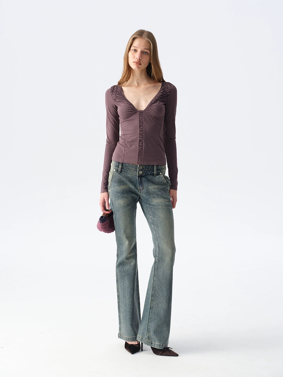 Ruched Low-Neck Knit Top