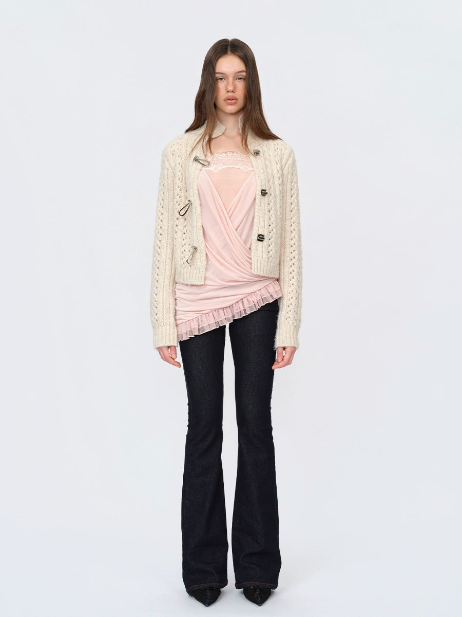 Pink Paneled Ruched Mock-Two-Piece Blouse