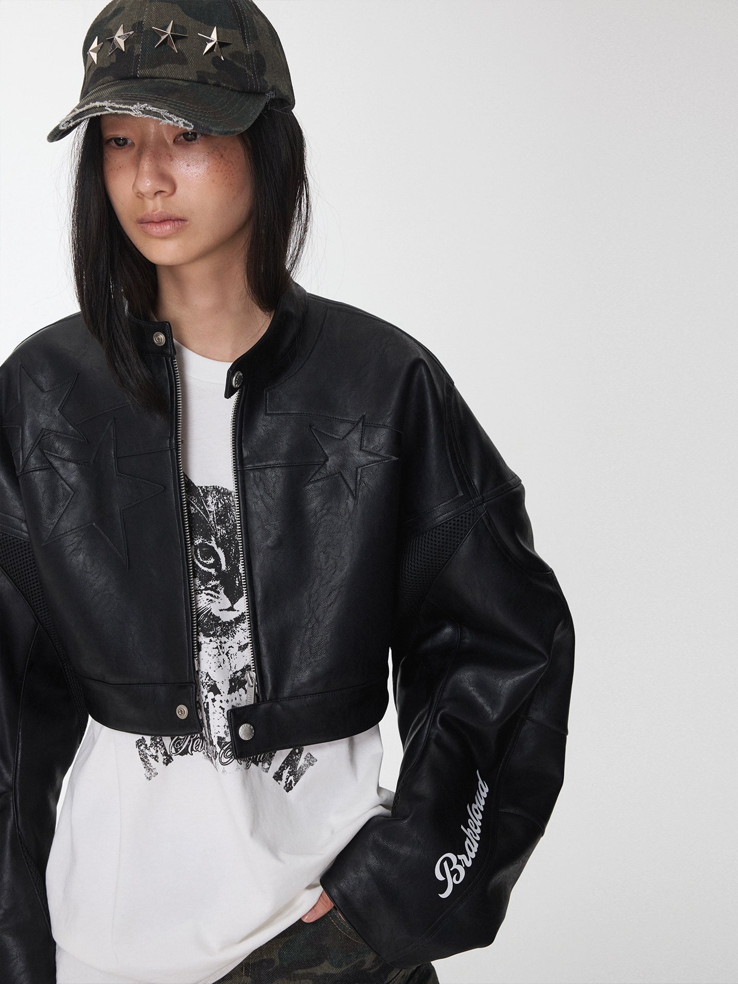 Letter Print Structured Cropped Moto Leather Jacket