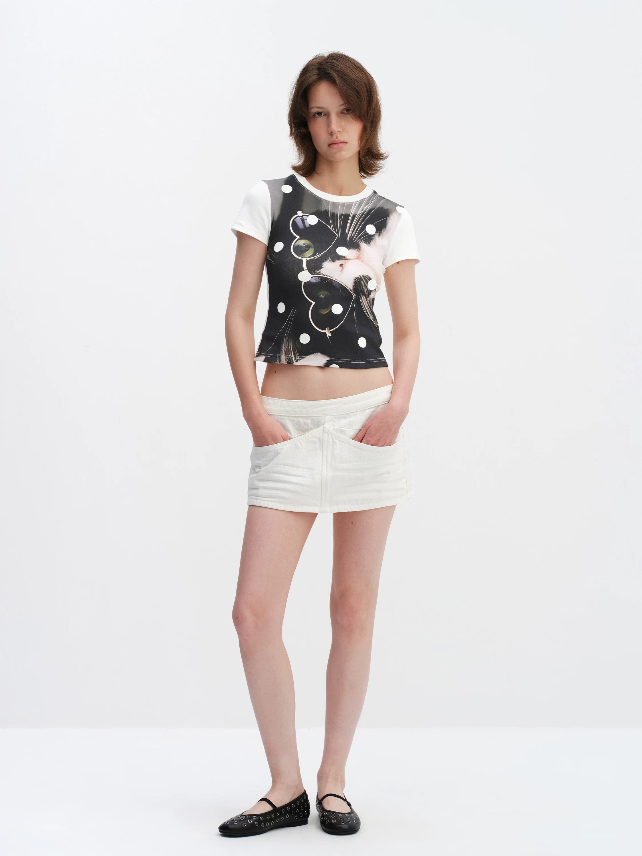 Playful Cat Print Short Sleeve Tee
