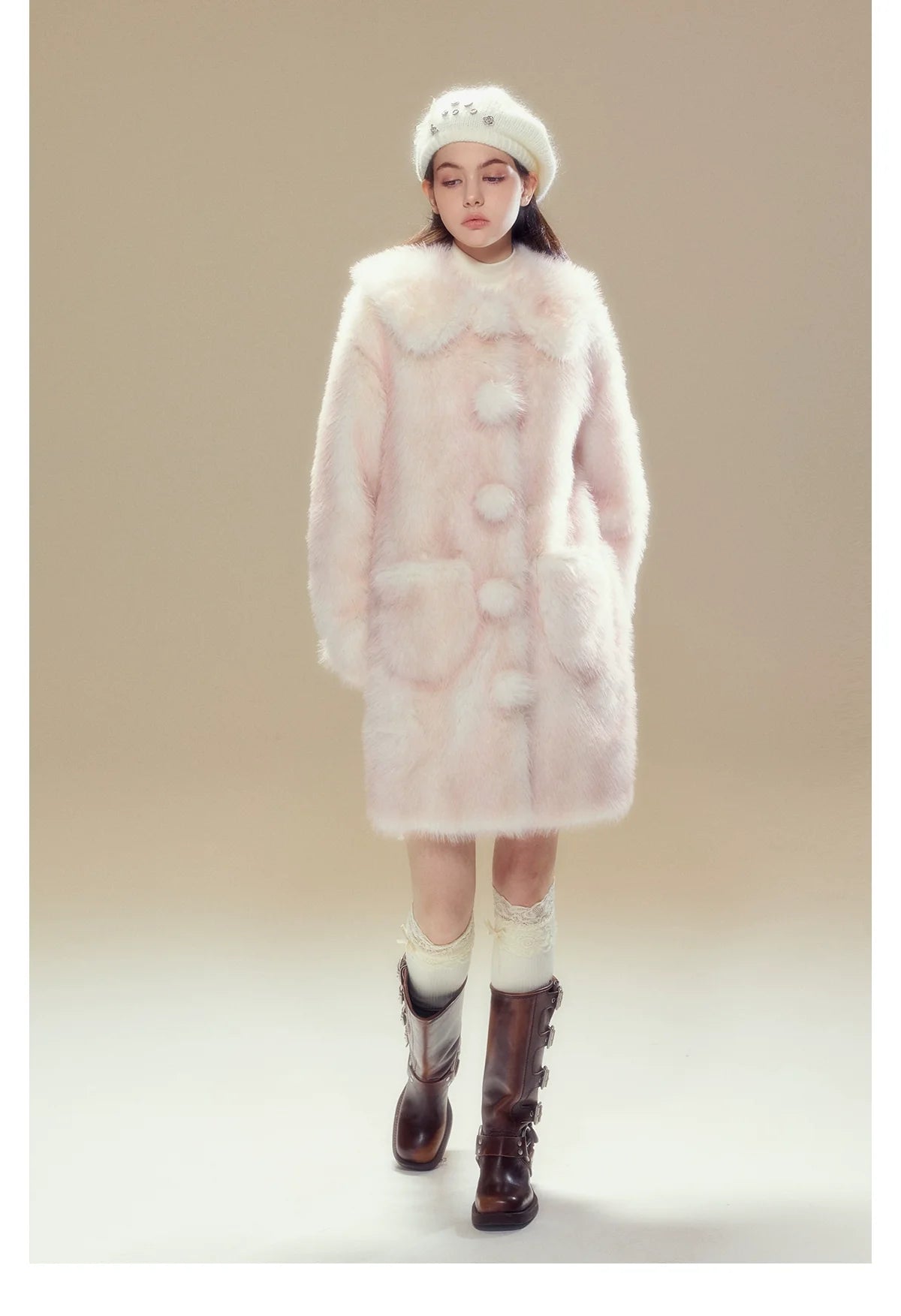 Pink Ombre Doll Collar Long Shearling Coat
