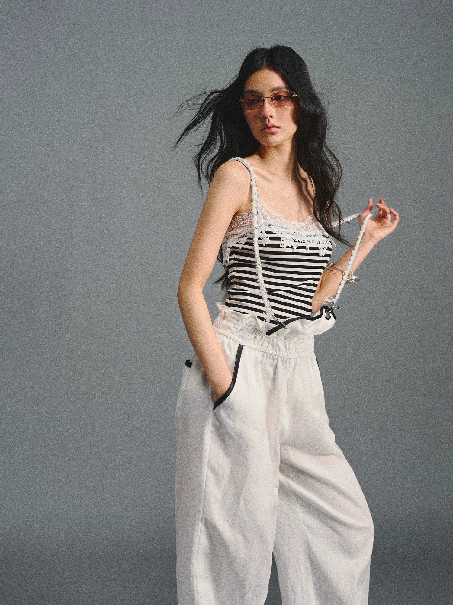 Black Striped Lace Camisole Top