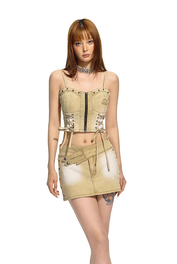 Brown Distressed Wash Denim Halter Top