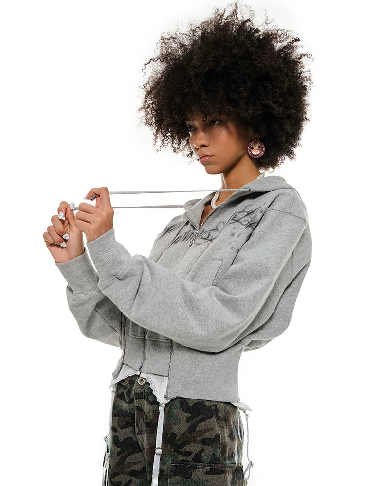 White & Gray Cropped Hoodie Cardigan