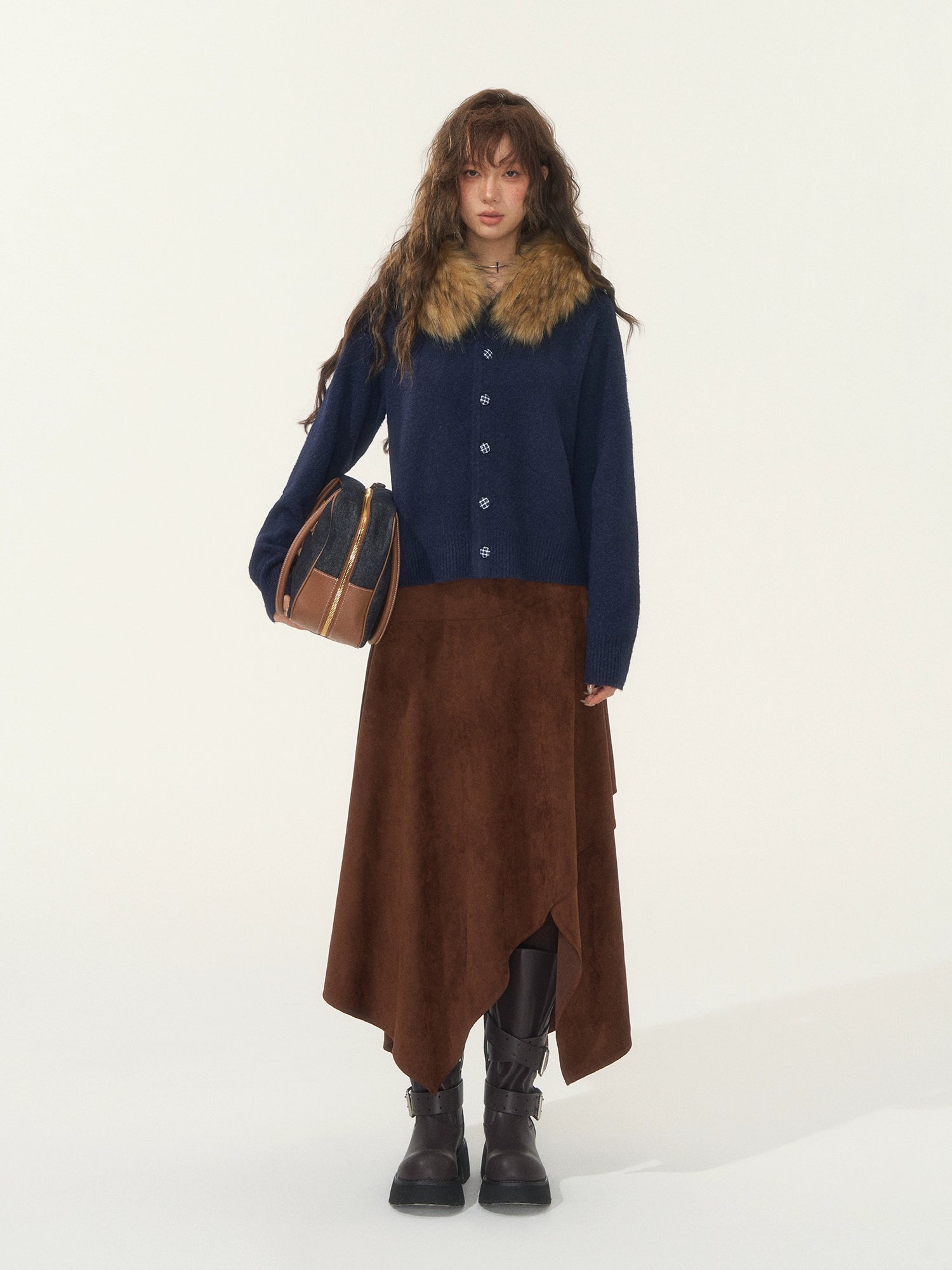 Asymmetric Faux Suede Midi Skirt