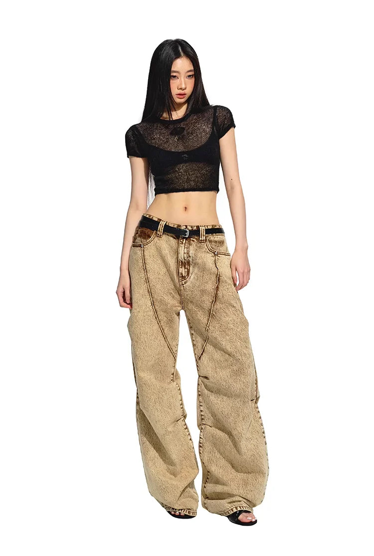 Brown Retro Loose-fit Wide-leg Jeans