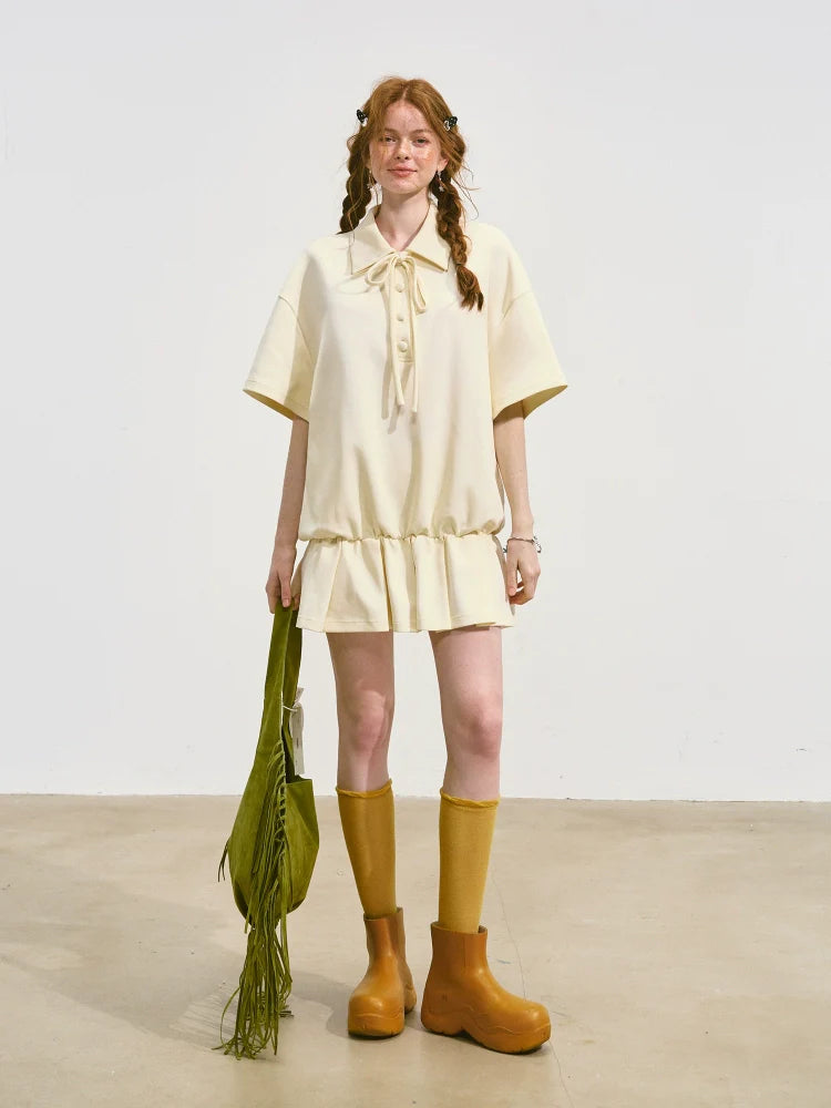 Bowknot Pleated Short-sleeved Dress