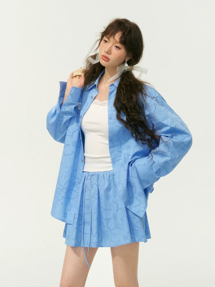 Collar Cut-Out Floral Shirt & Skirt Set