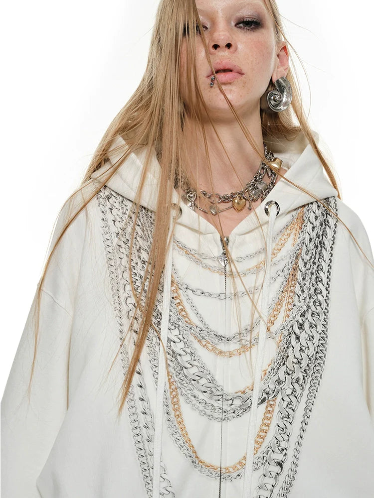 Black & White Oversized Chain Print Hoodie Cardigan