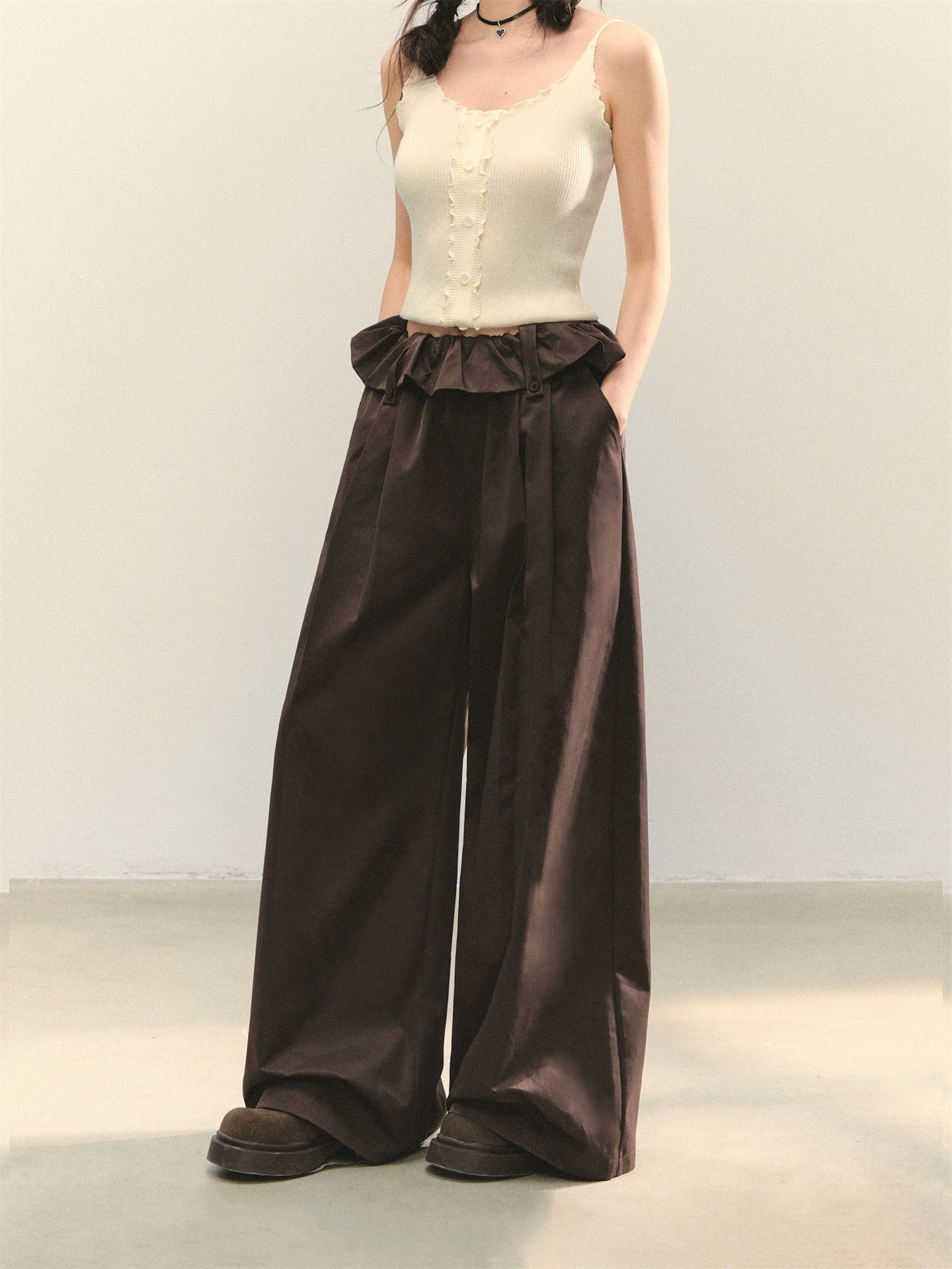 Brown & Black Fold-Waist Balloon Pants