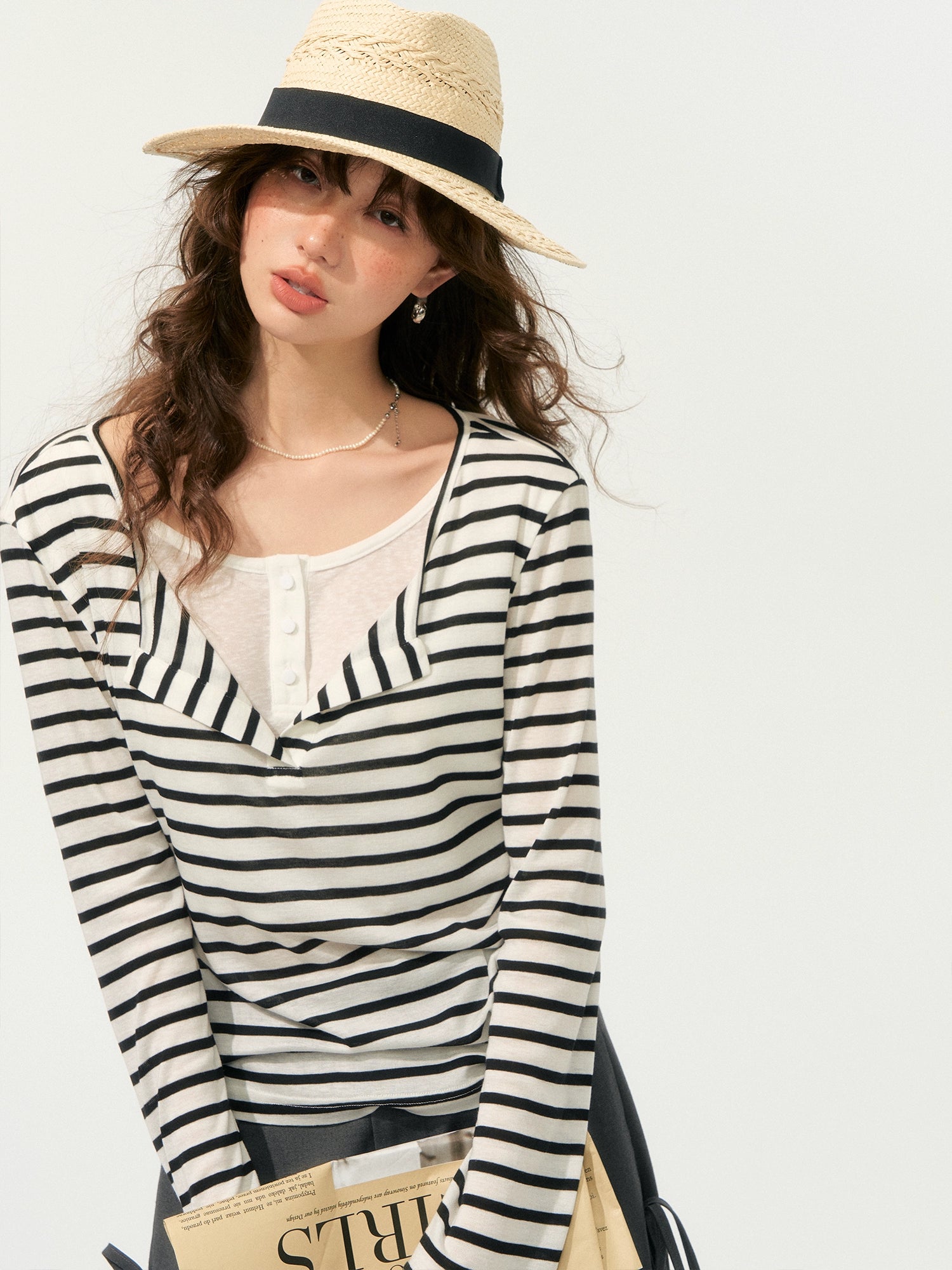 Fake Two-Piece V-Swing Neck Striped T-Shirt