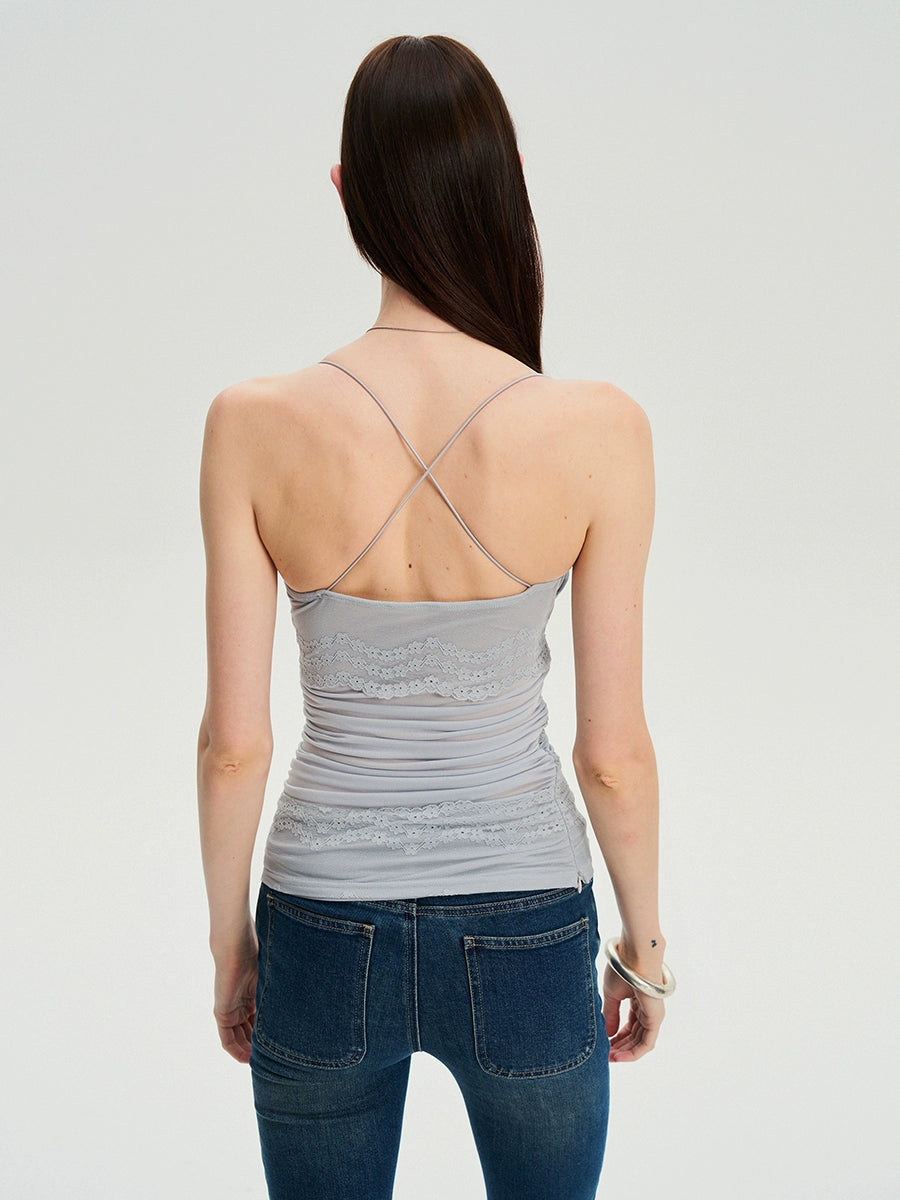 Beaded Strap Lace Splicing Acetate Cami Top