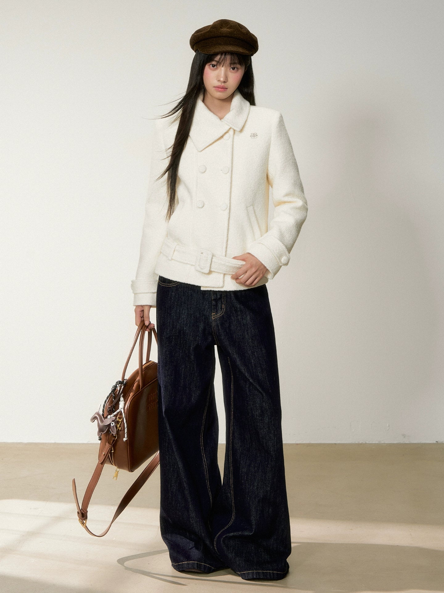 Diagonal Collar Double-Breasted Wool Coat