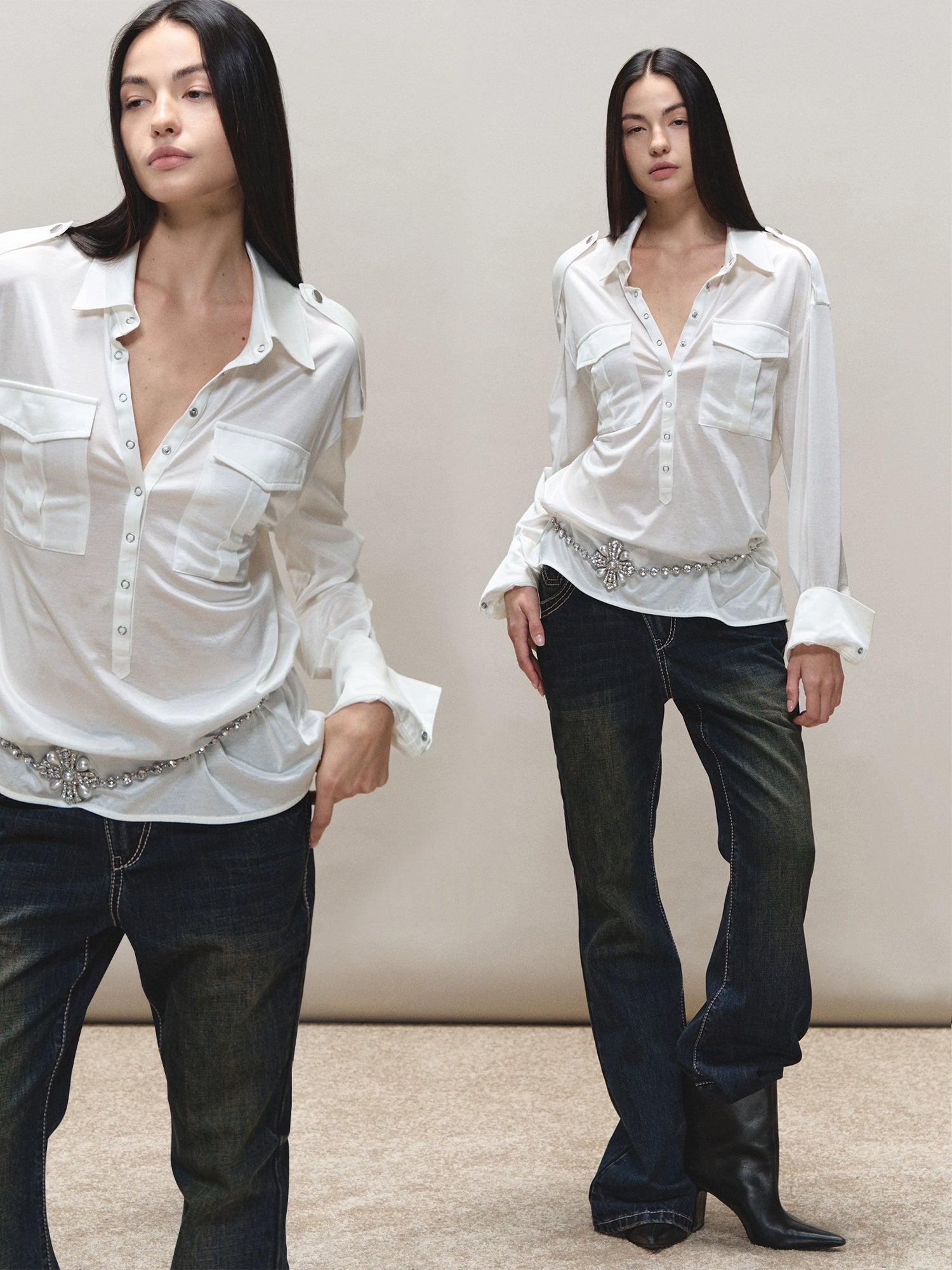 Satin-Sheen Knit Utility Shirt