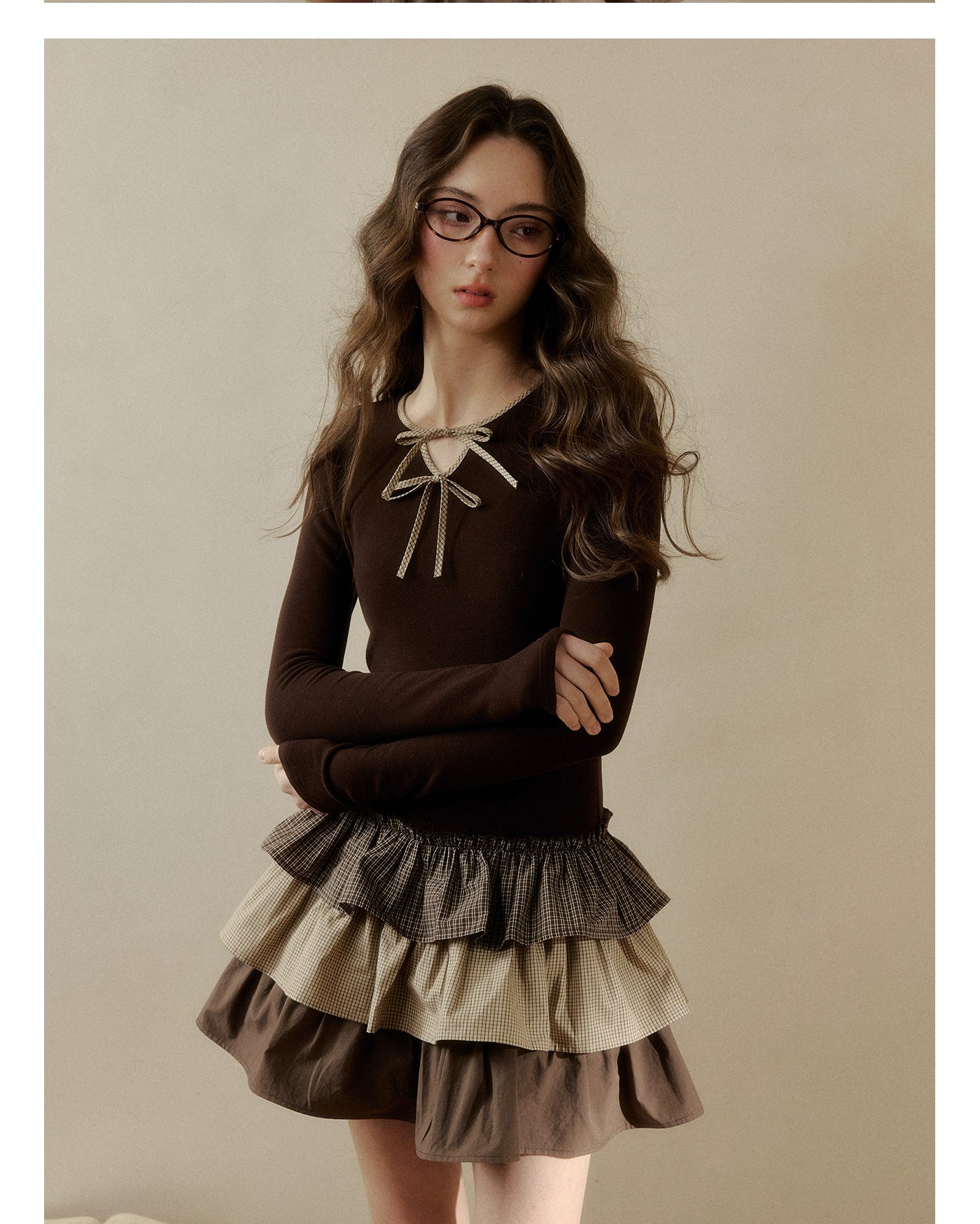 Brown & White Knit Plaid Tiered Dress