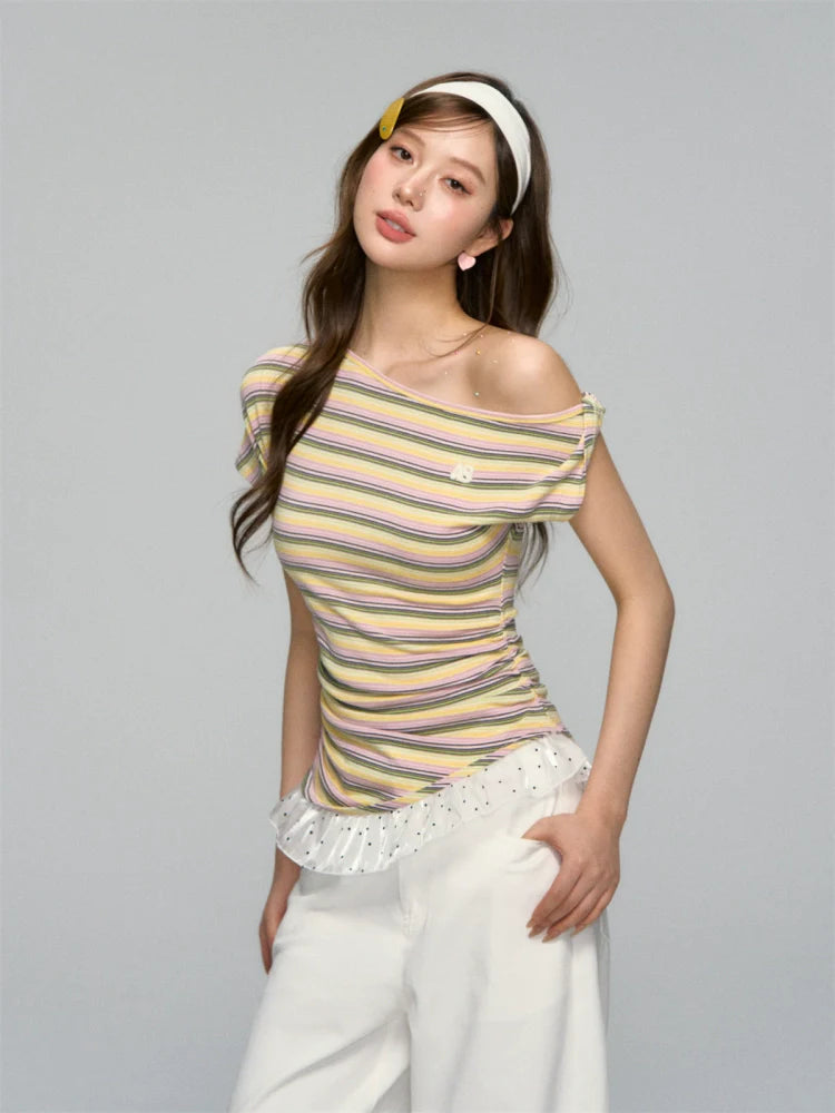 Striped Lace-Spliced Asymmetric-Shoulder T-shirt