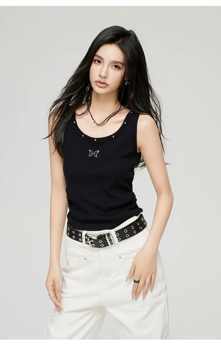 White & Black Butterfly Printed U-neck Tank Top