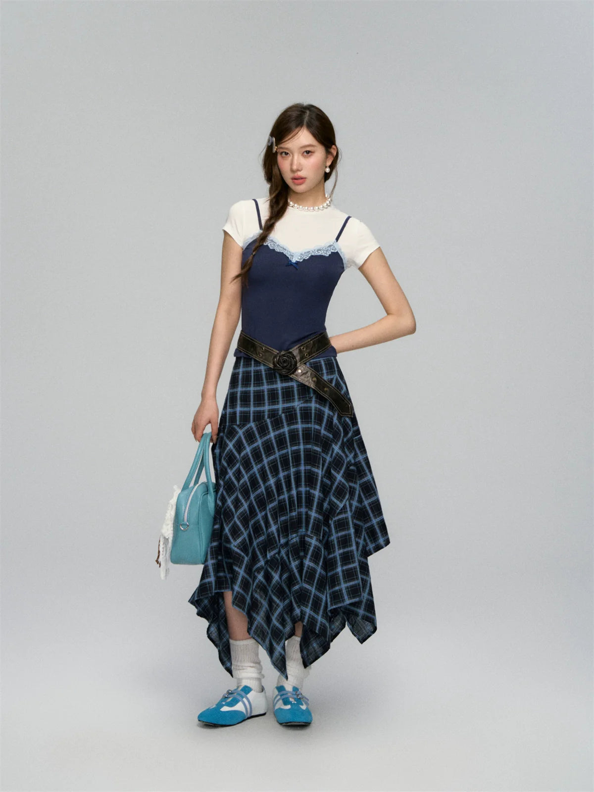 Irregular Navy Blue Checked Midi Skirt