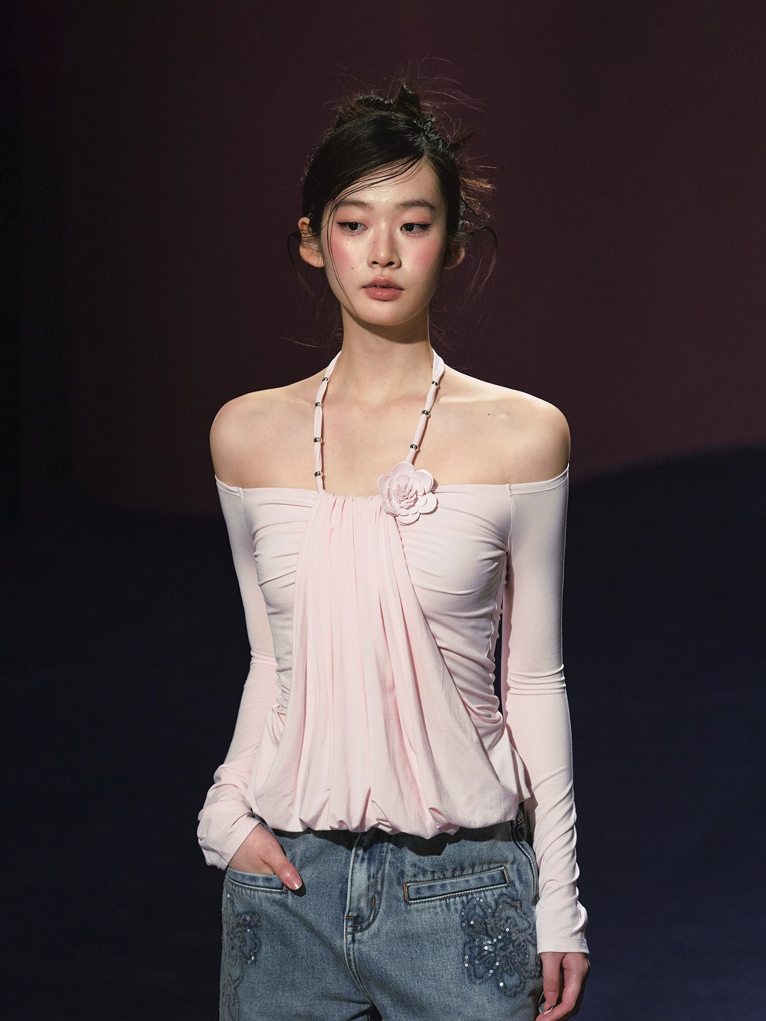 Fake Two-Piece Halter Ruched Floral One-Shoulder Blouse