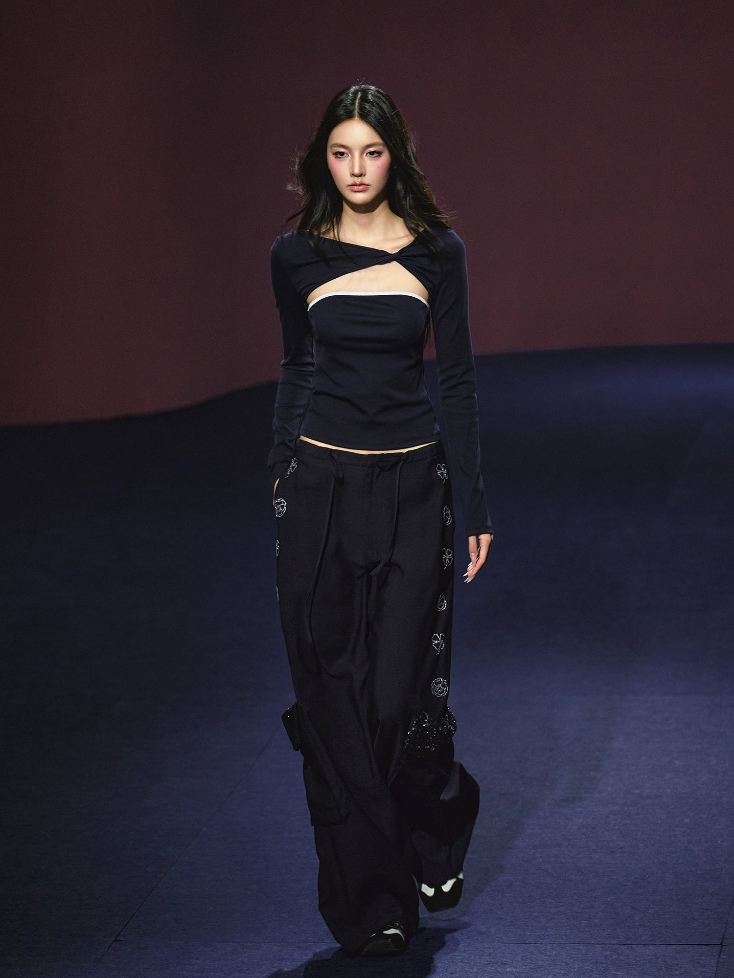 Rhinestone Pocket Drawstring Wide-Leg Pants