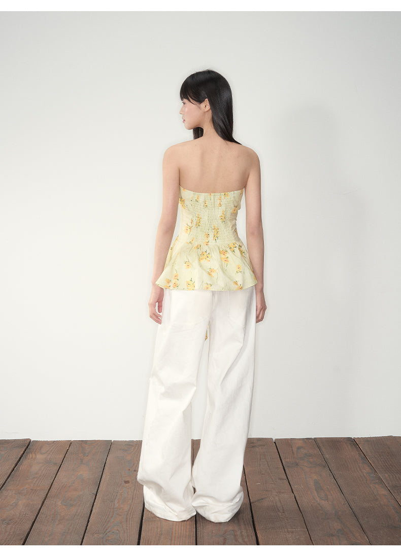 Yellow Floral Elastic Bow - adorned Strapless Top
