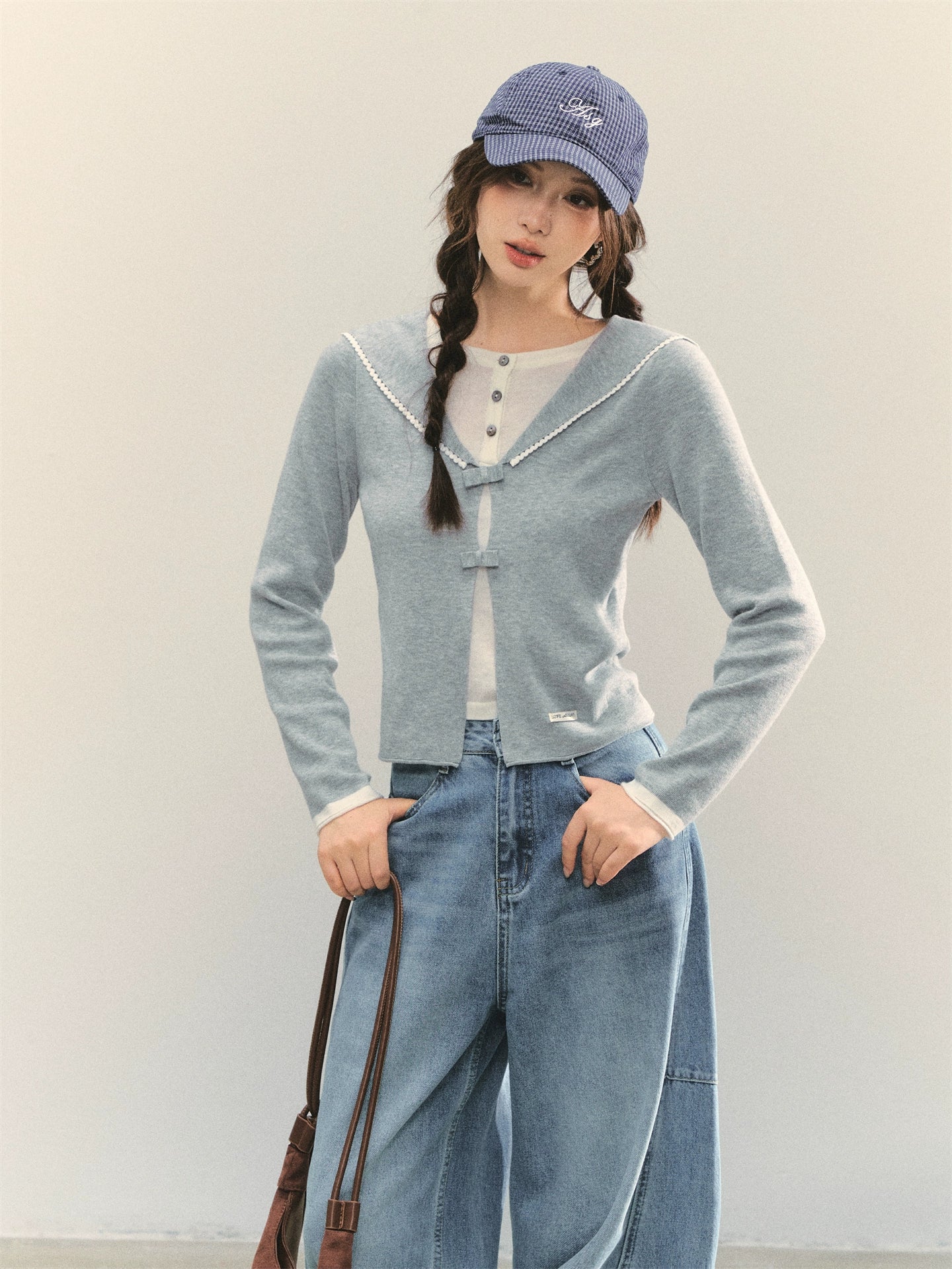Navy Blue & Gray Sailor-Bow Knit Cardigan
