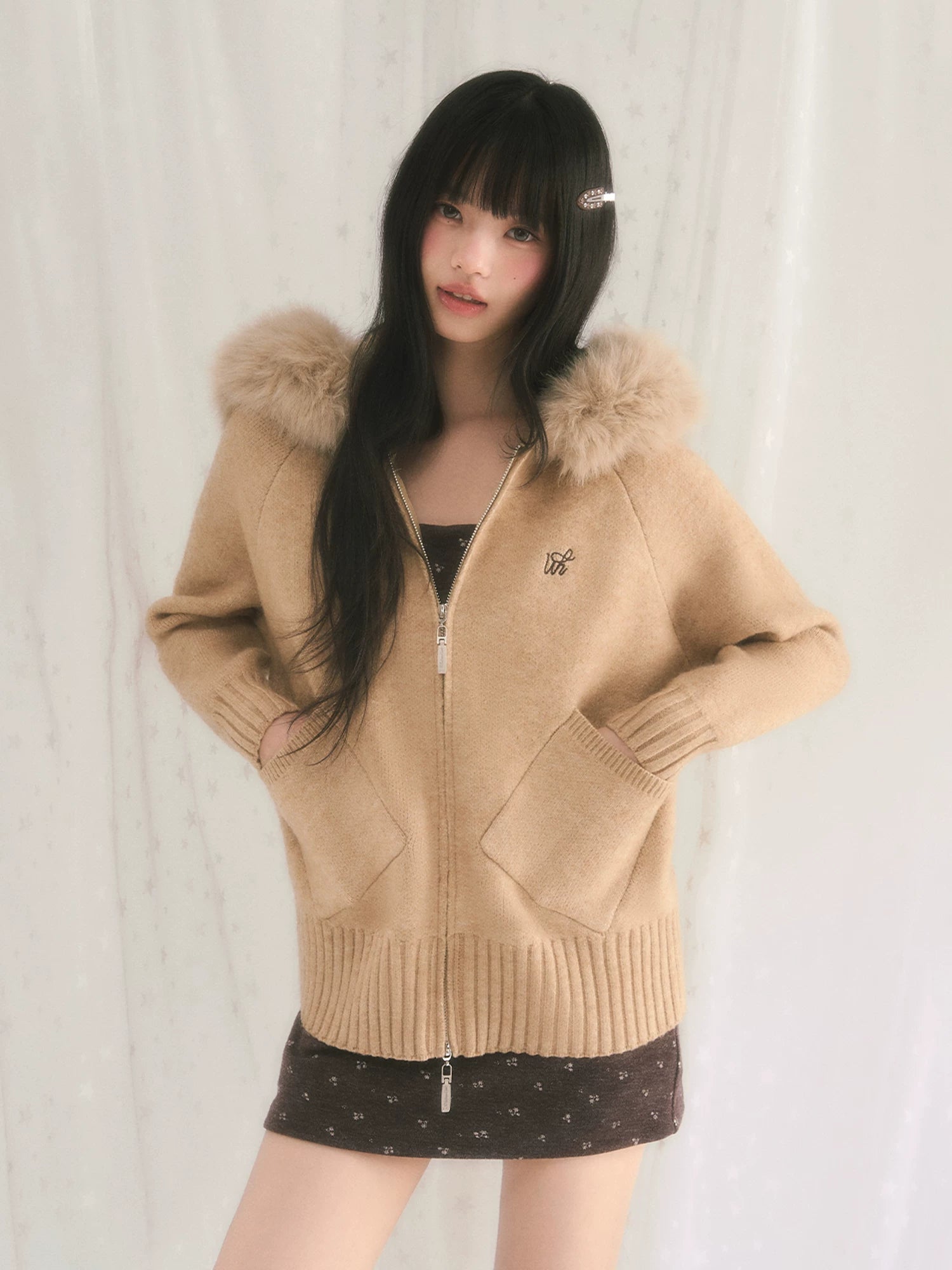 Detachable Fur Collar Knit Cardigan