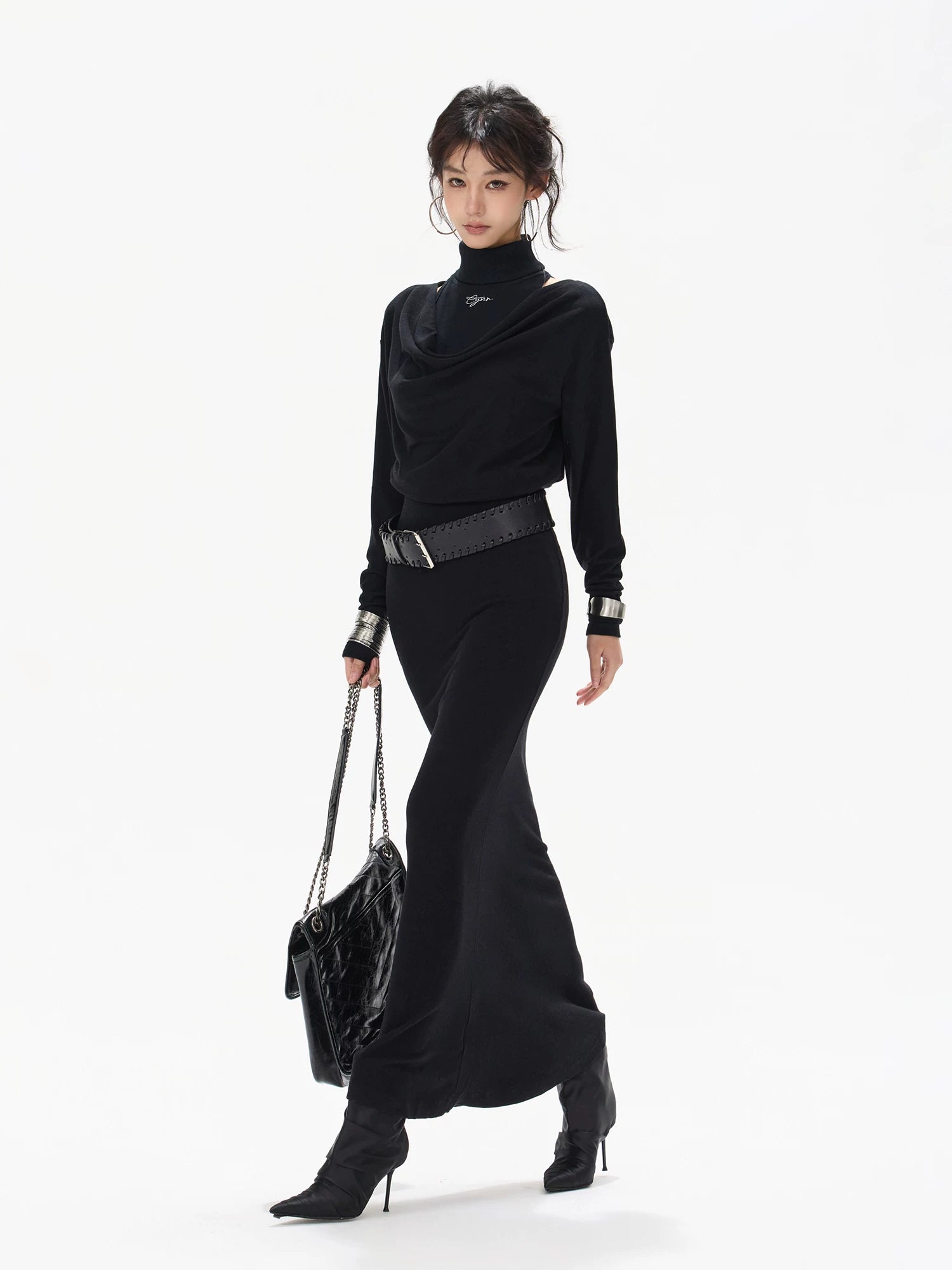 Black Draped Knit High-neck Dress