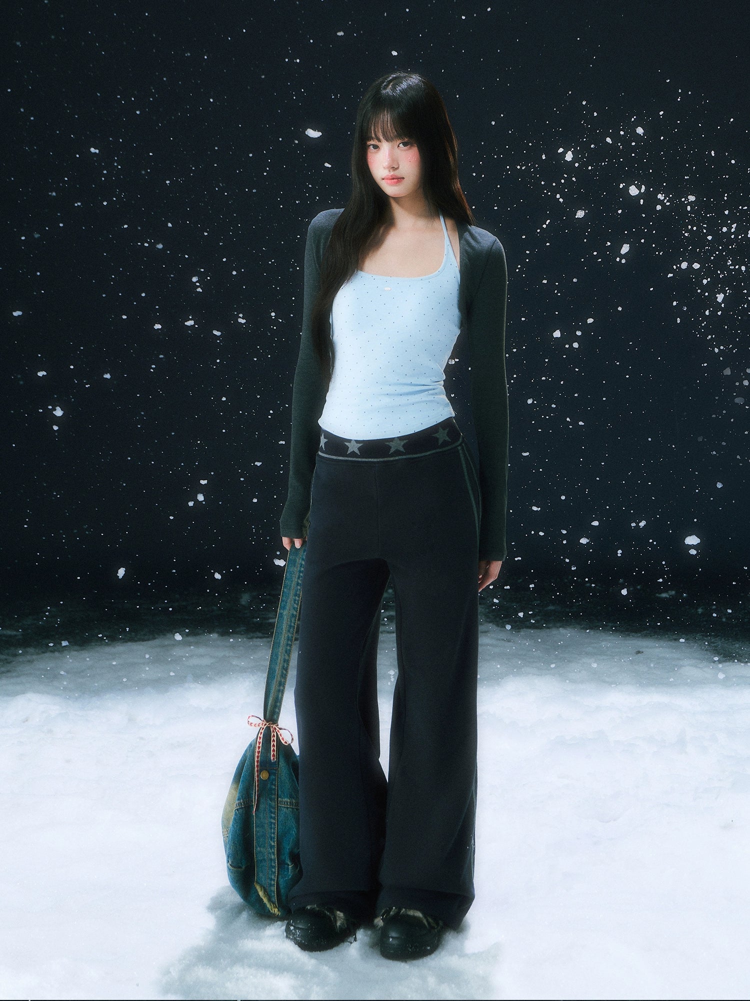 Navy Blue Star Waist Print Straight Sweatpants