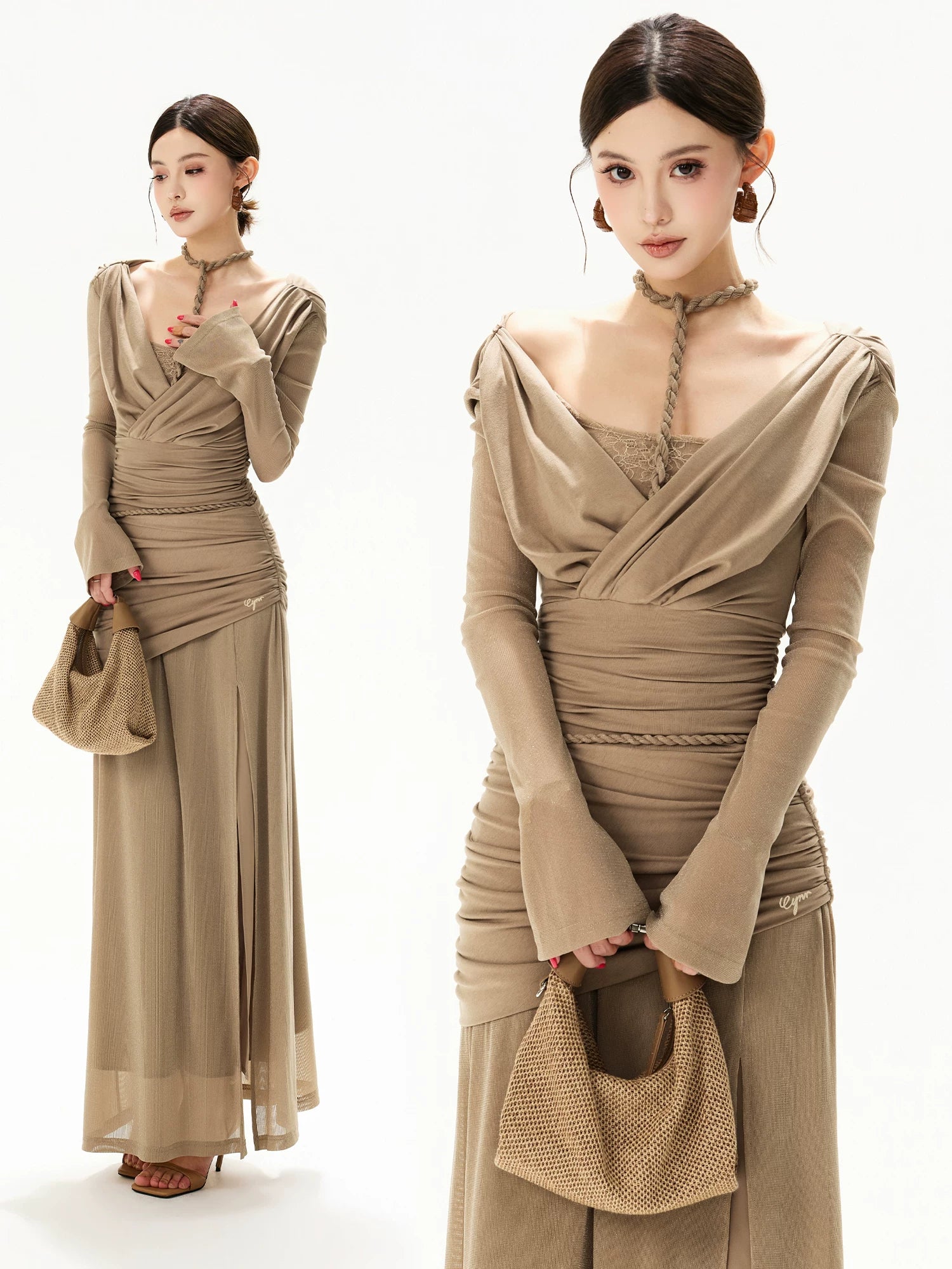 Greige Halter Knit Mesh Maxi Dress