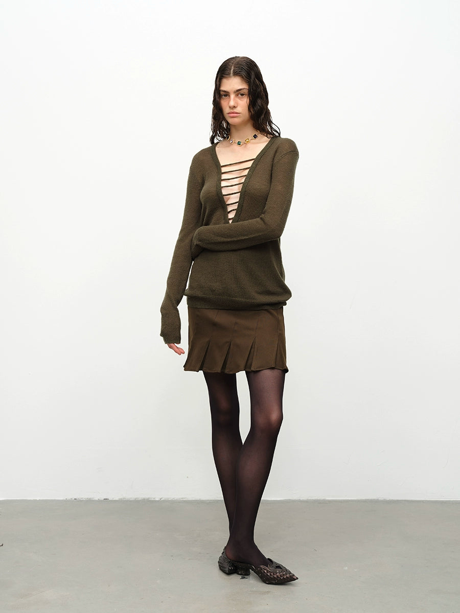 Black & Green Wool Handmade Drawstring Knit Pullover Sweater