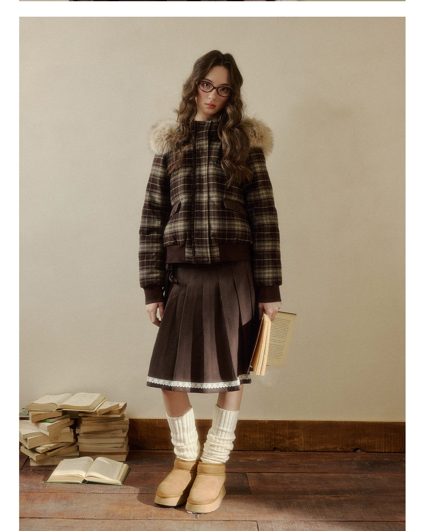 Plaid Floral Faux-Fur Down Jacket